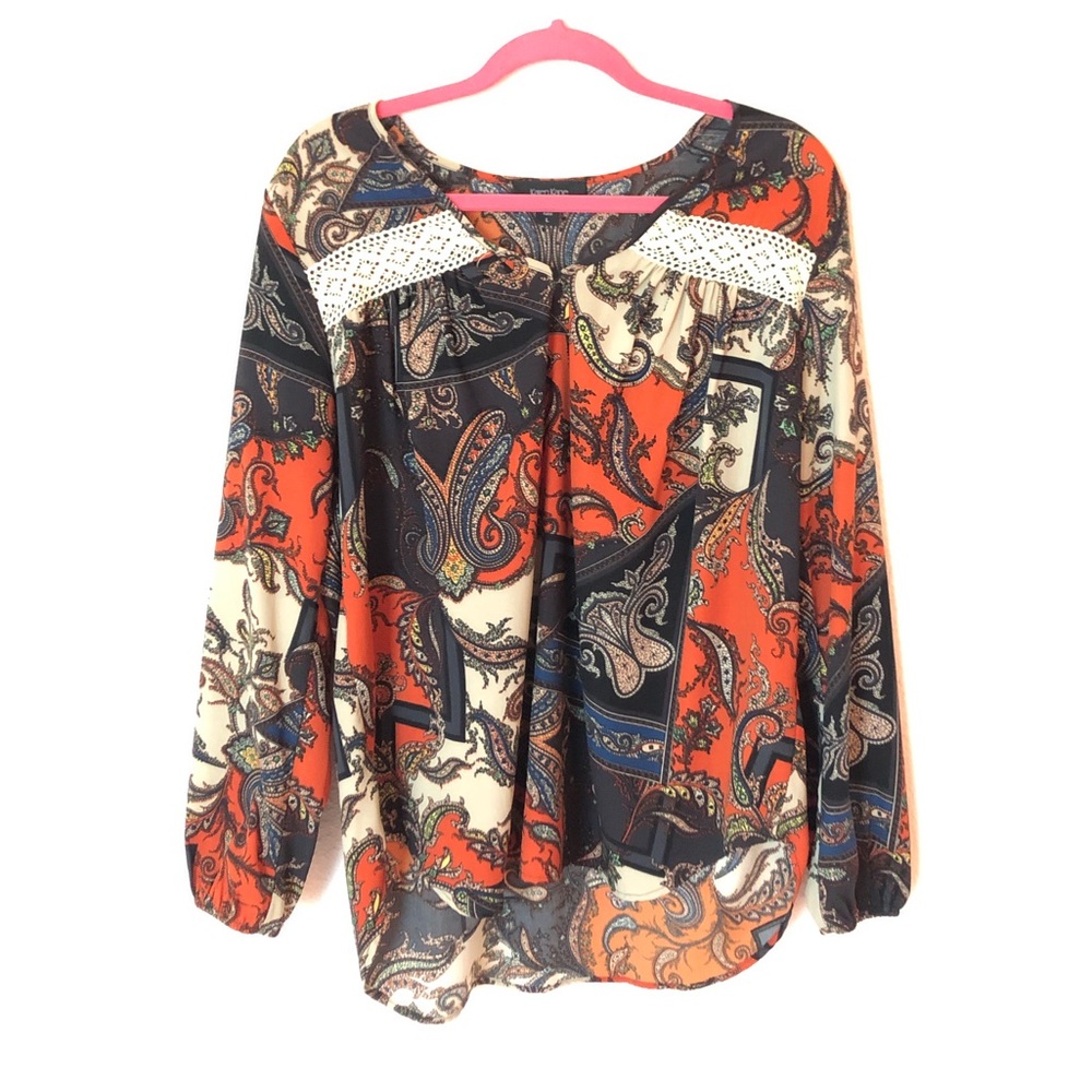 Karen Kane Paisley Print Lace Trim Boho Blouse